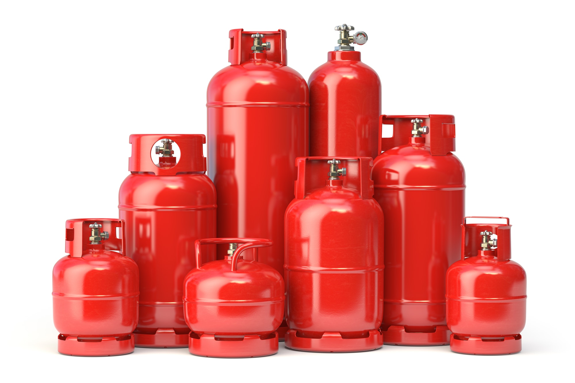 Different types of red gas bottles isolated on white background.