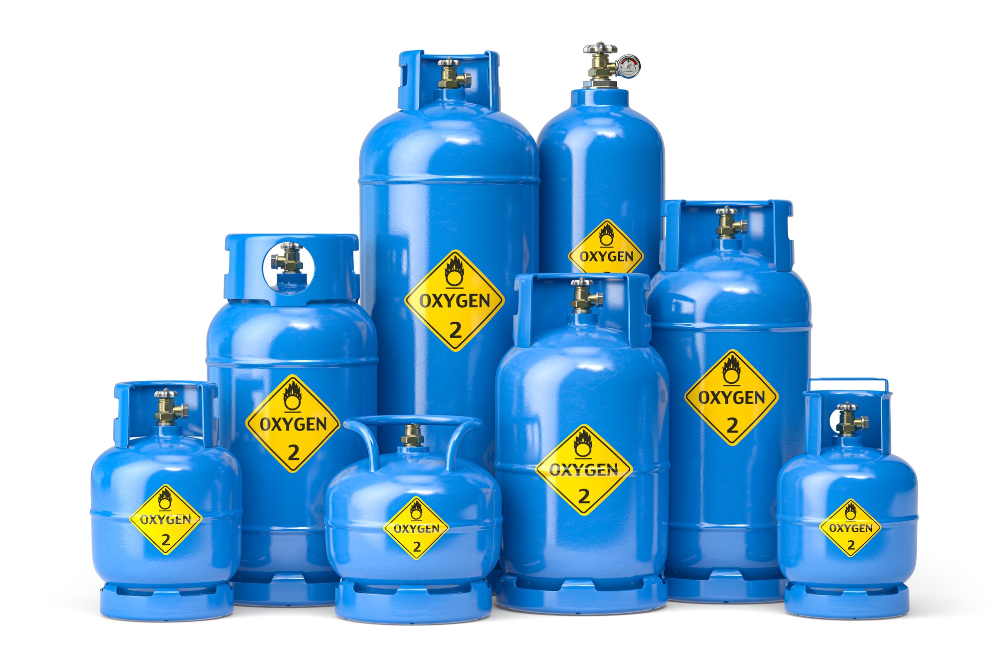 Oxygen gas tanks containers and cilinders of different size isolated on white.